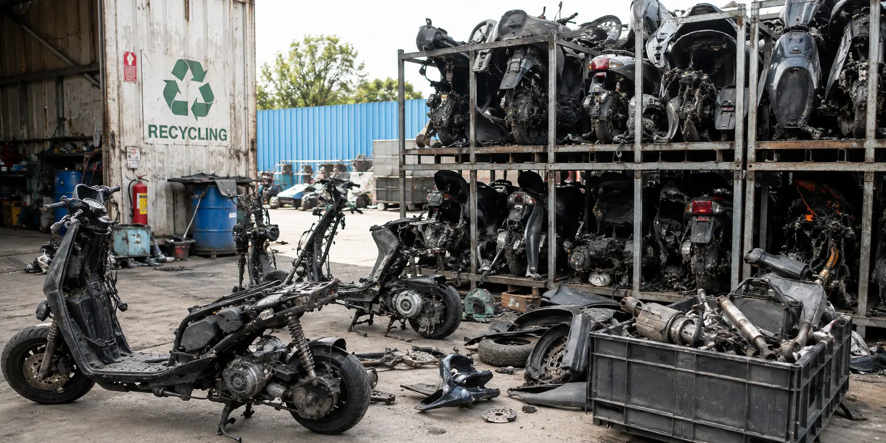 Dismantled scooters and motorcycle parts at a bright outdoor recycling and salvage yard, with stripped scooter frames, engines, wheels and spare parts stored on metal racks and scattered across the workshop floor.